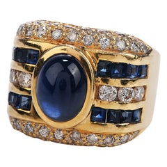 1980s Diamond Cabochon Sapphire 18 Karat Gold Wide Band Ring