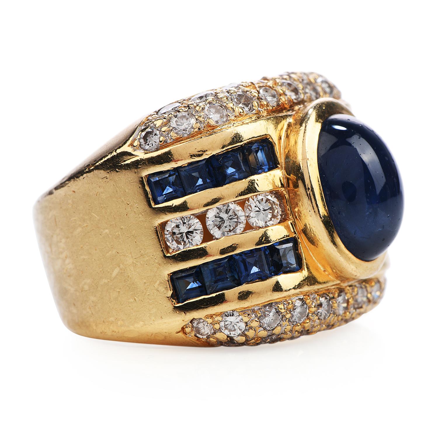 Modern 1980s Diamond Cabochon Sapphire 18 Karat Gold Wide Band Ring