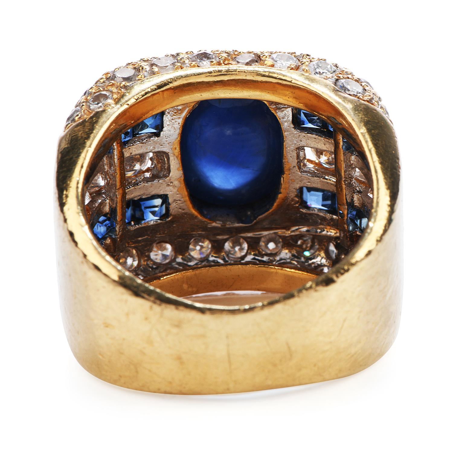 1980s Diamond Cabochon Sapphire 18 Karat Gold Wide Band Ring In Excellent Condition In Miami, FL