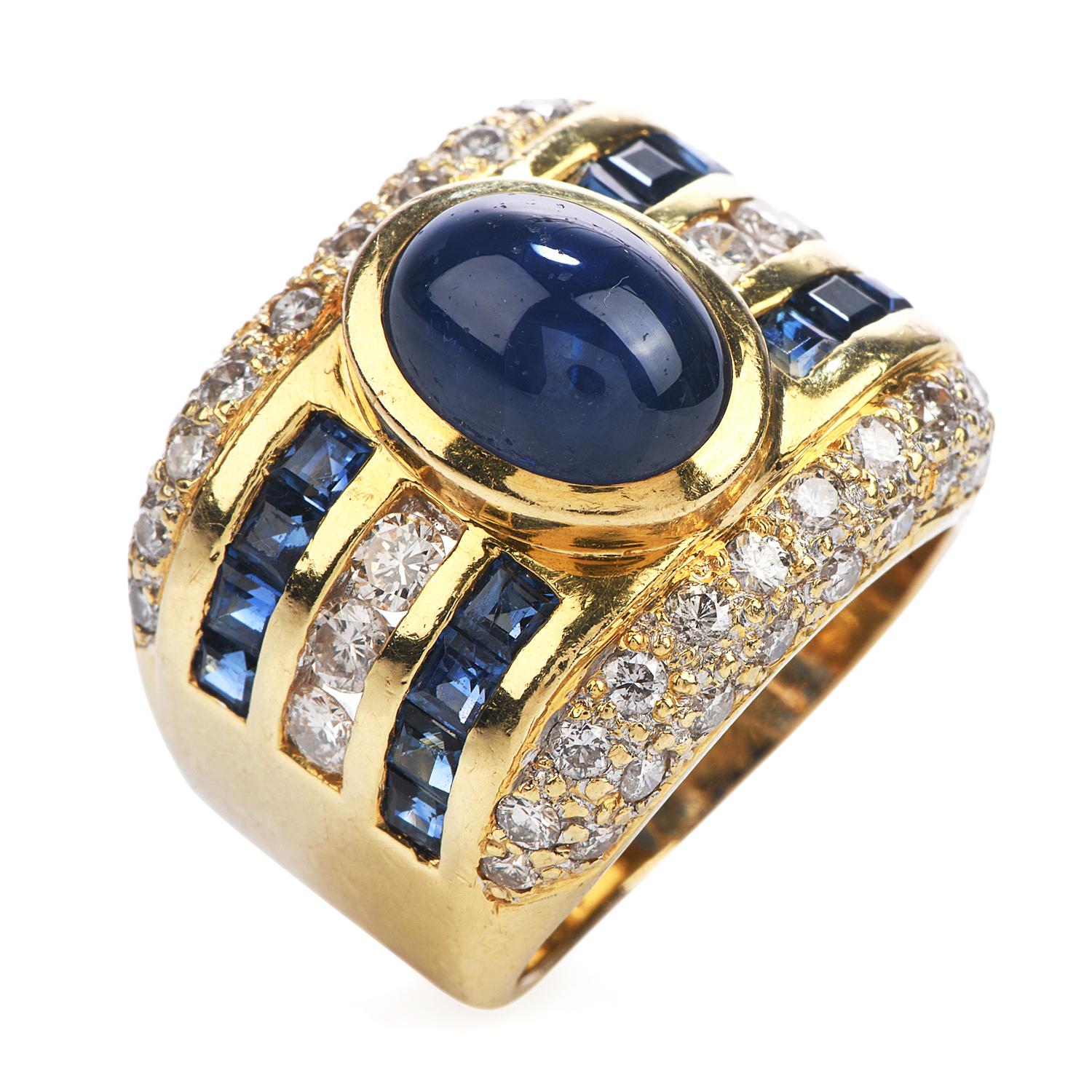 Women's or Men's 1980s Diamond Cabochon Sapphire 18 Karat Gold Wide Band Ring