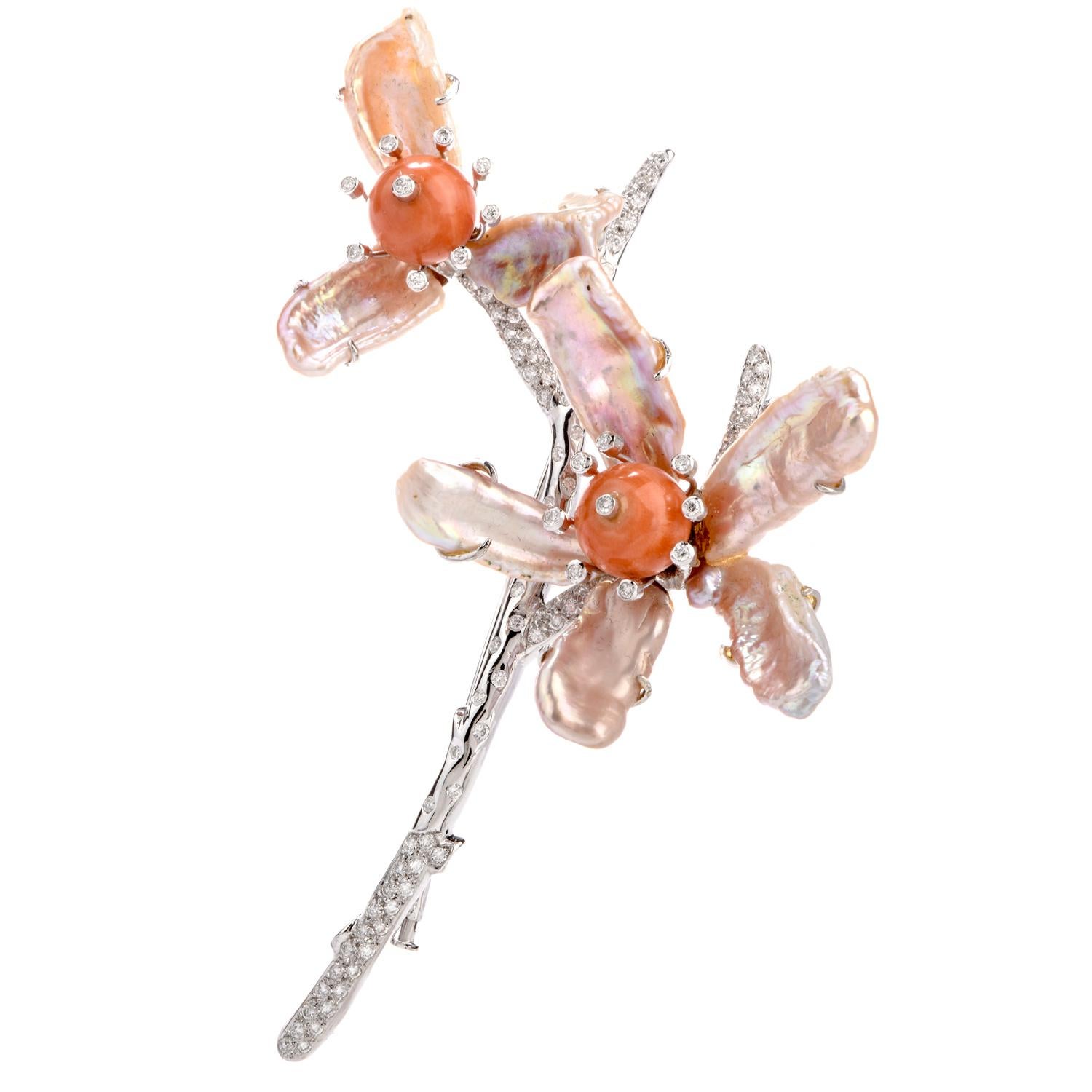 Modern 1980s Diamond Coral Pearl 18 Karat Large Floral Motif Brooch Pin