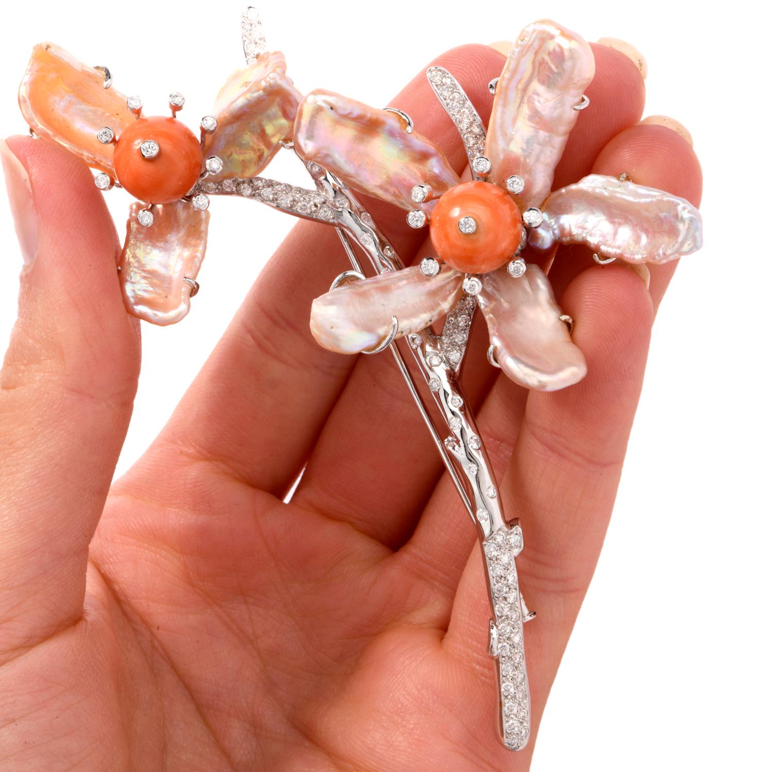 1980s Diamond Coral Pearl 18 Karat Large Floral Motif Brooch Pin In Excellent Condition In Miami, FL