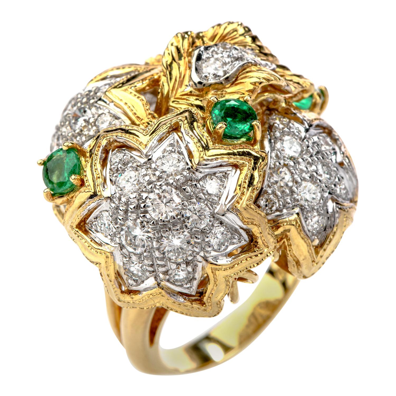 1980s Diamond Emerald 18 Karat Gold Large Star Cocktail Bombe Ring