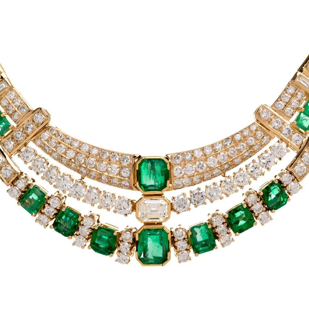 This breathtaking Diamond Emerald necklace is crafted in solid 18K Yellow Gold. It centered with 1 genuine emerald cut Diamond approx: 1.20 cttw, F-G color, VS1 clarity, prong set, this necklace is adorned with 22 genuine high quality emerald cut