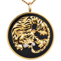 1980s  Diamond Emerald 18K Gold Black Agate Tiger Pendant