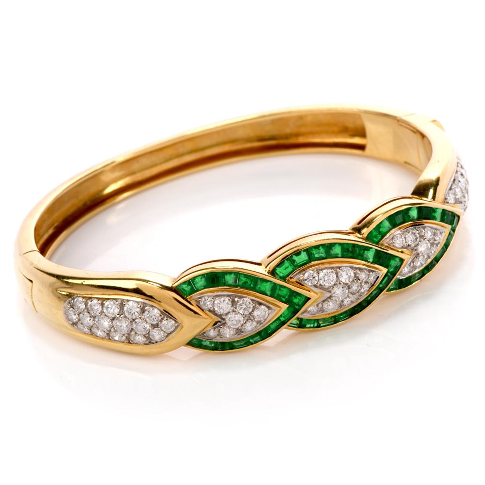 Modern 1980s Diamond Emerald 18 Karat Gold Leaf Bangle Bracelet