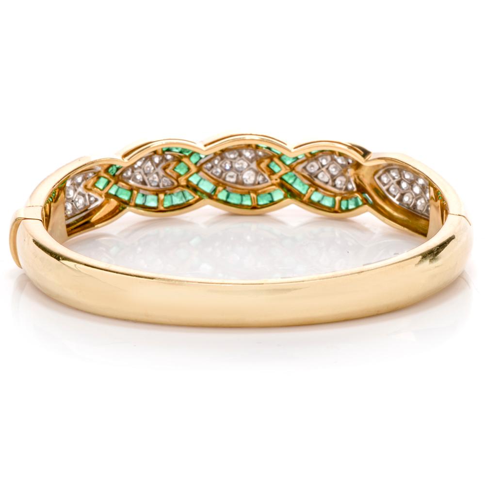 Emerald Cut 1980s Diamond Emerald 18 Karat Gold Leaf Bangle Bracelet