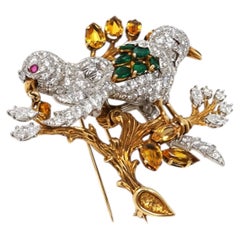1980s Diamond, Emerald and Yellow Sapphire Bird Brooch in Gold