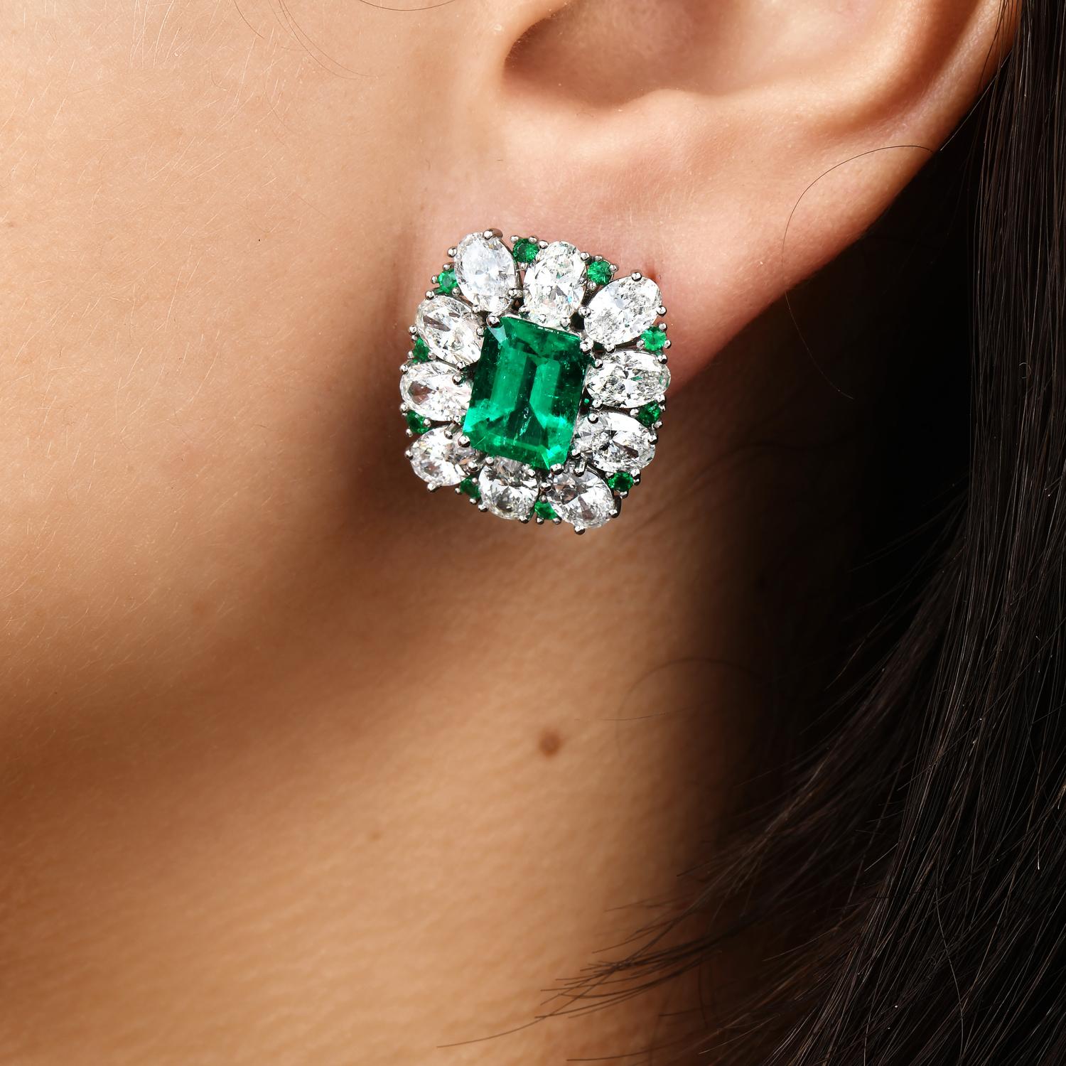 Retro 1980's,  Diamond Emerald Platinum Flower Clip on Earrings