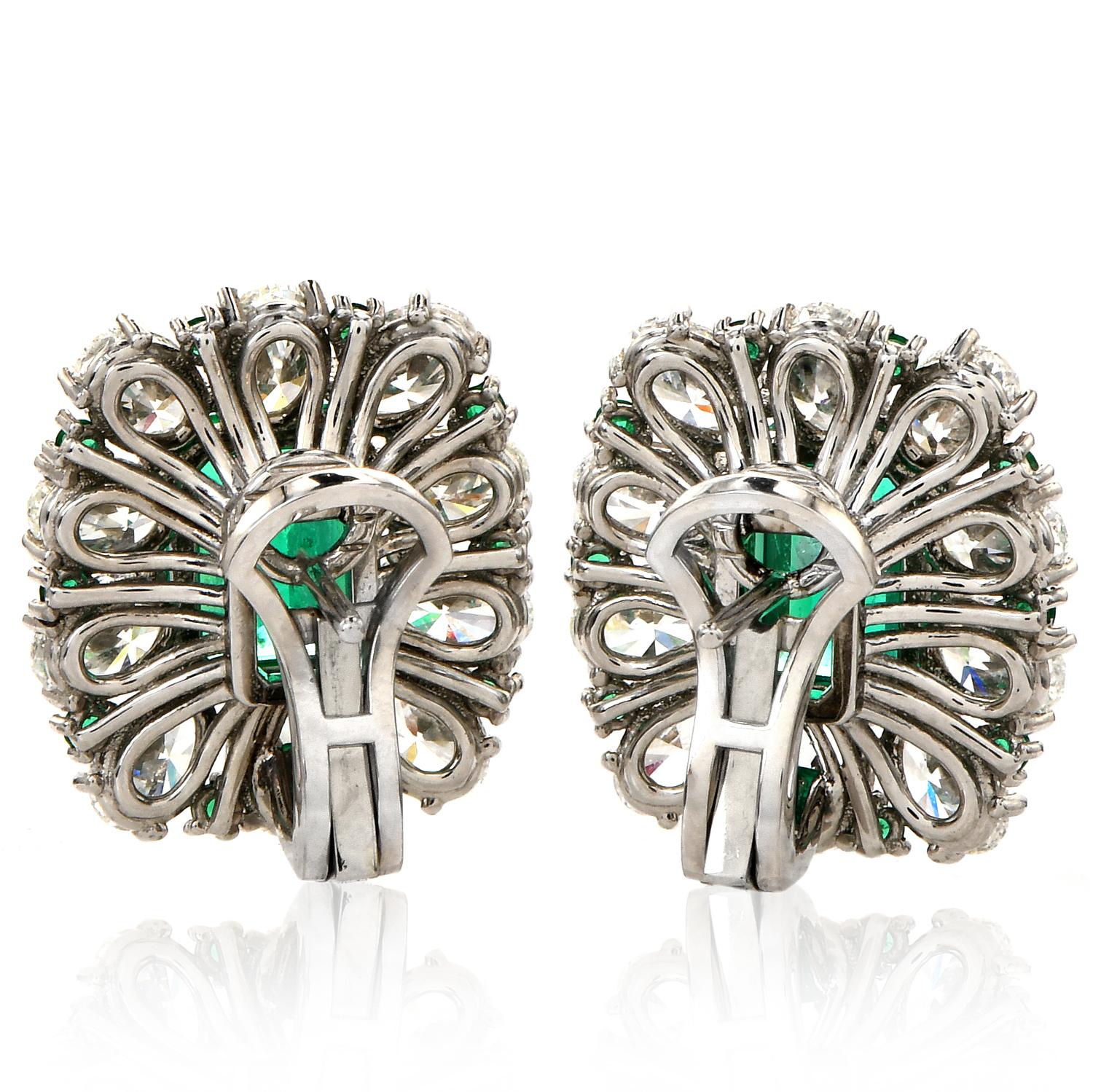 Emerald Cut 1980's,  Diamond Emerald Platinum Flower Clip on Earrings
