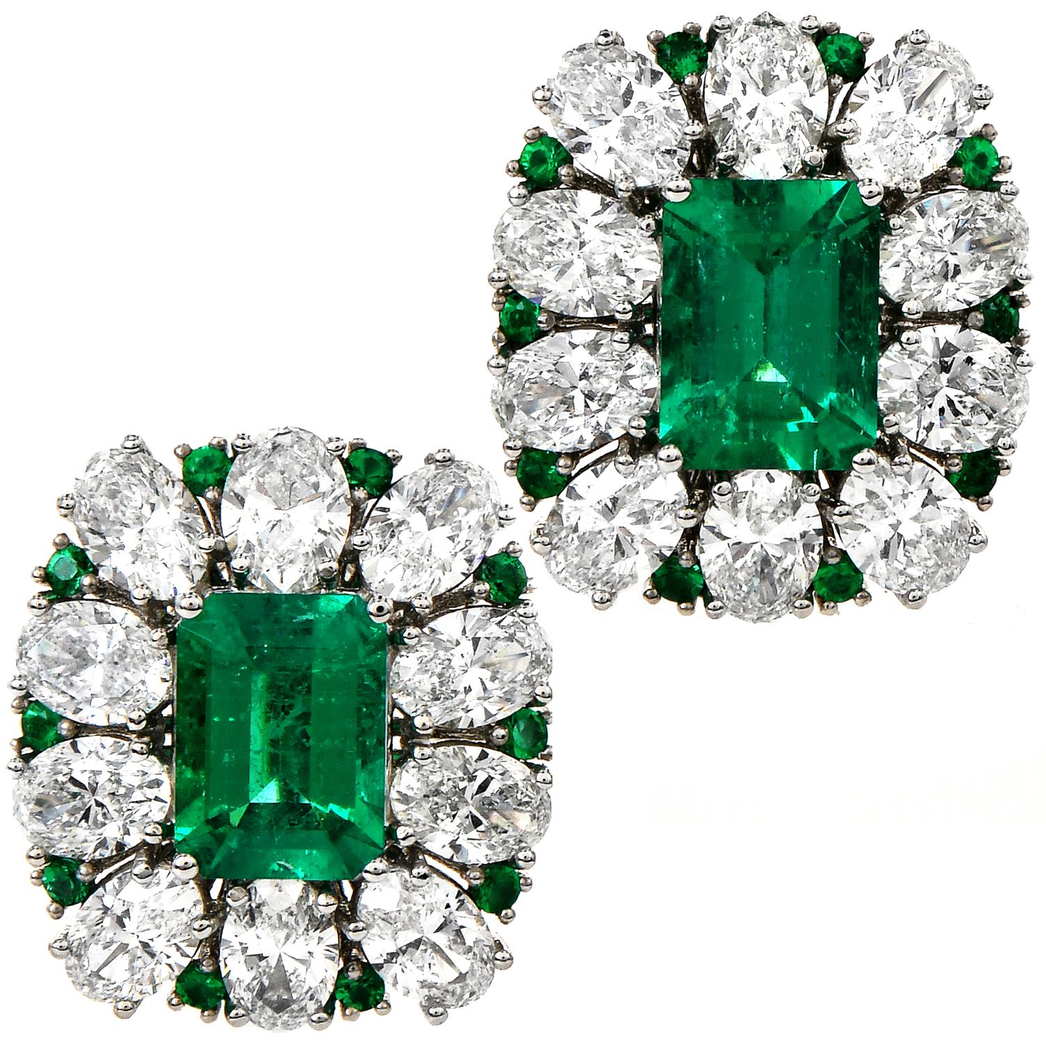 1980's,  Diamond Emerald Platinum Flower Clip on Earrings In Excellent Condition In Miami, FL