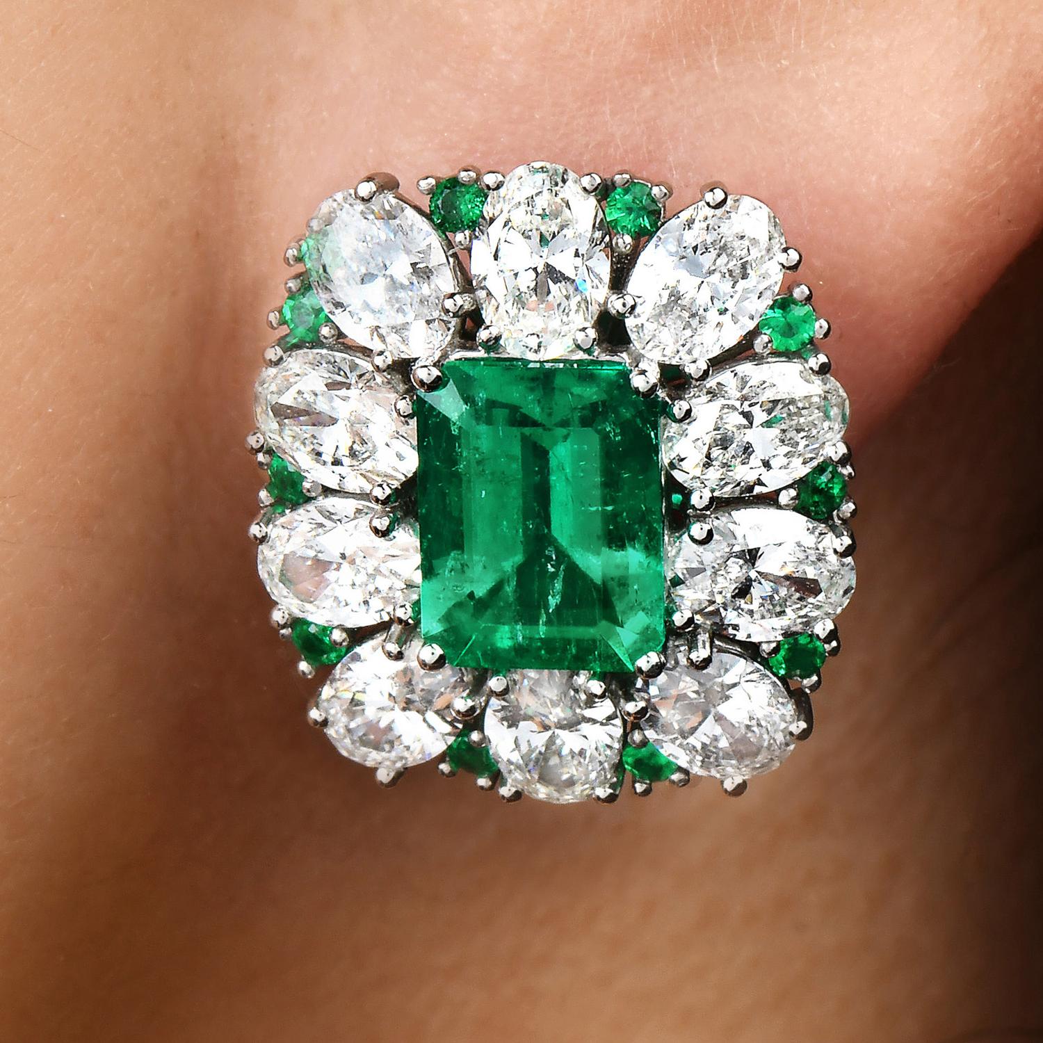 1980's,  Diamond Emerald Platinum Flower Clip on Earrings 1