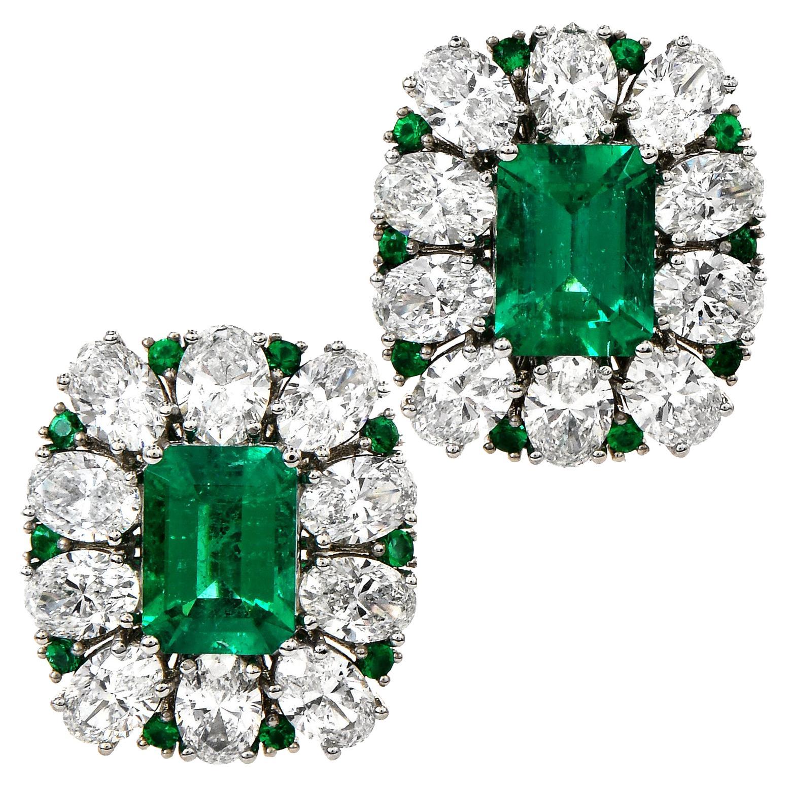 1980's,  Diamond Emerald Platinum Flower Clip on Earrings