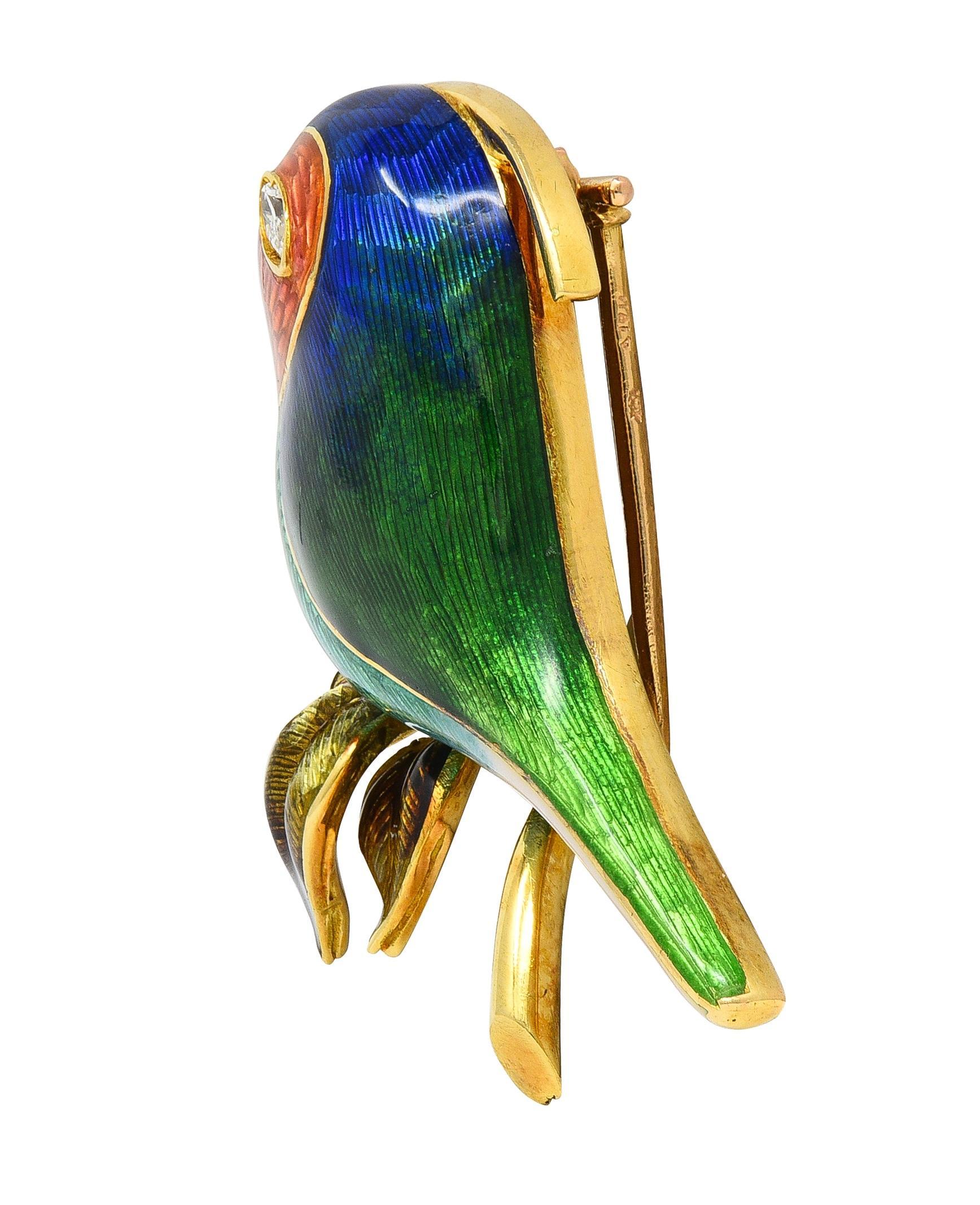 Moderne 1980's Diamond Enamel 18 Karat Yellow Gold Vintage Bird Brooch en vente