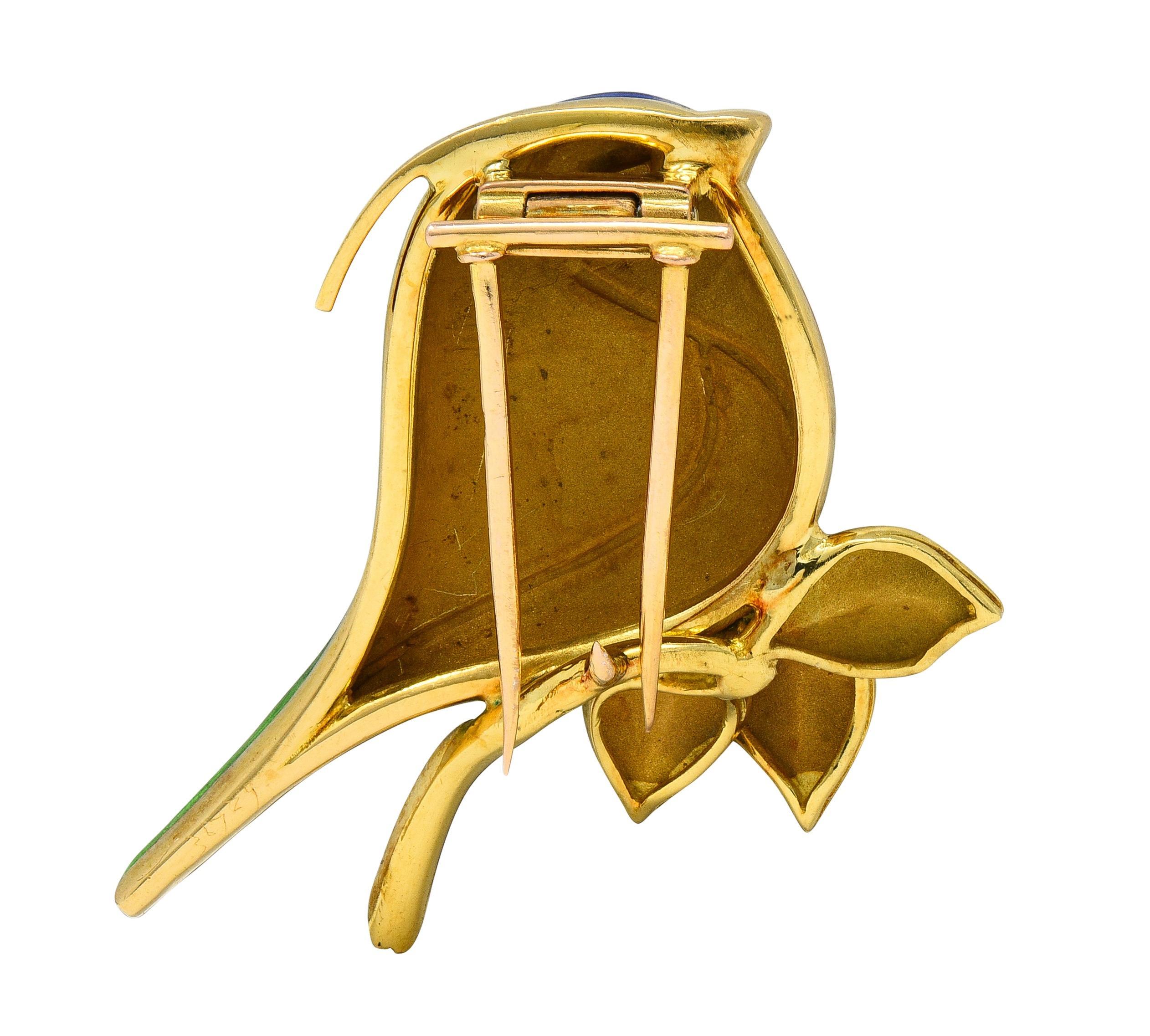 Taille Marquise 1980's Diamond Enamel 18 Karat Yellow Gold Vintage Bird Brooch en vente