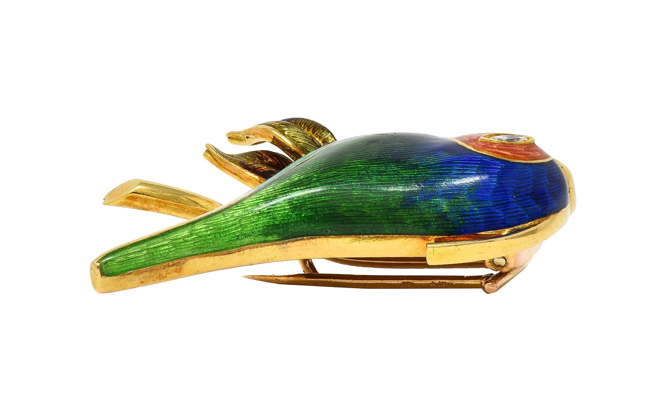 1980's Diamond Enamel 18 Karat Yellow Gold Vintage Bird Brooch en vente 2