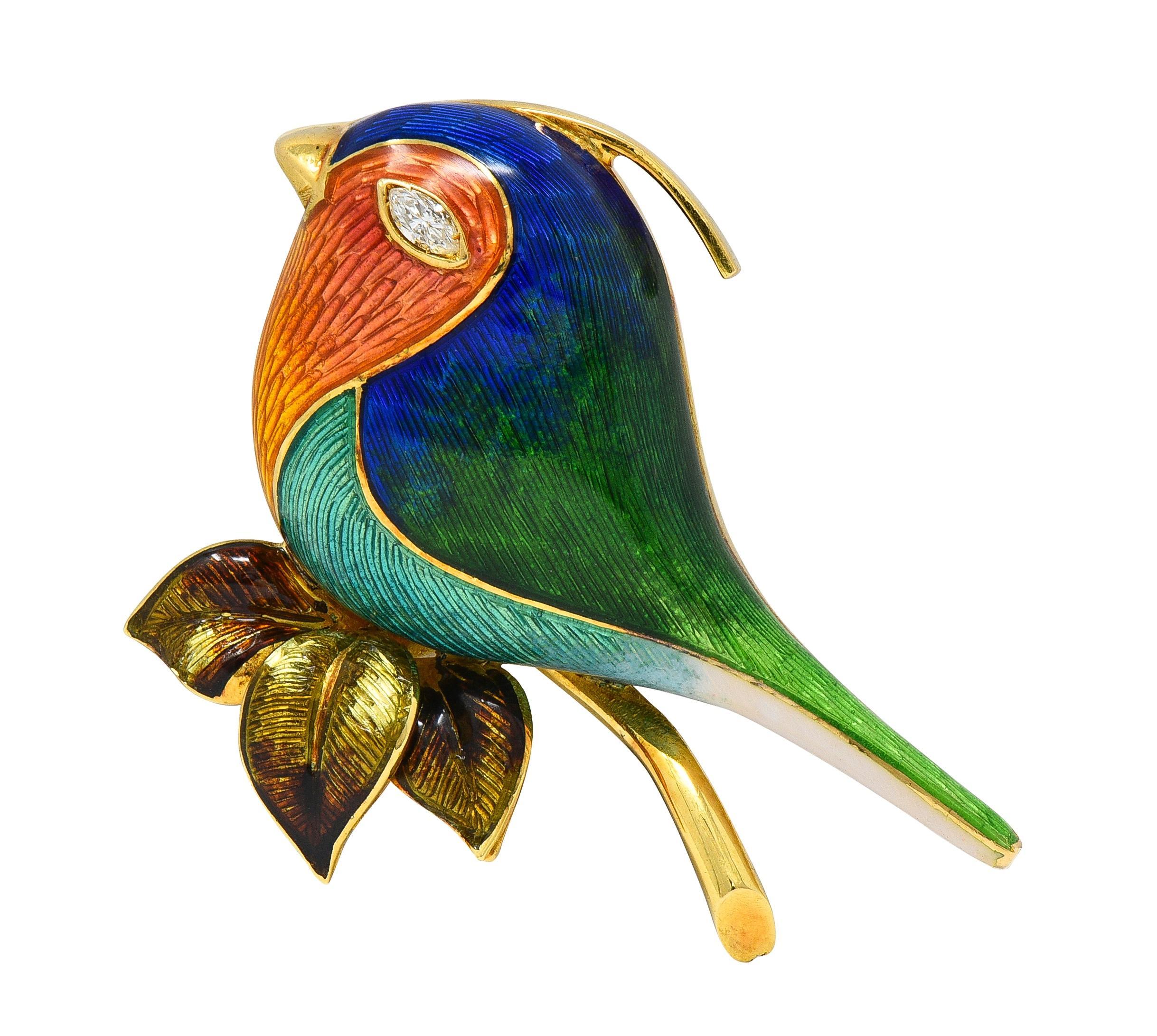 1980's Diamond Enamel 18 Karat Yellow Gold Vintage Bird Brooch en vente 3