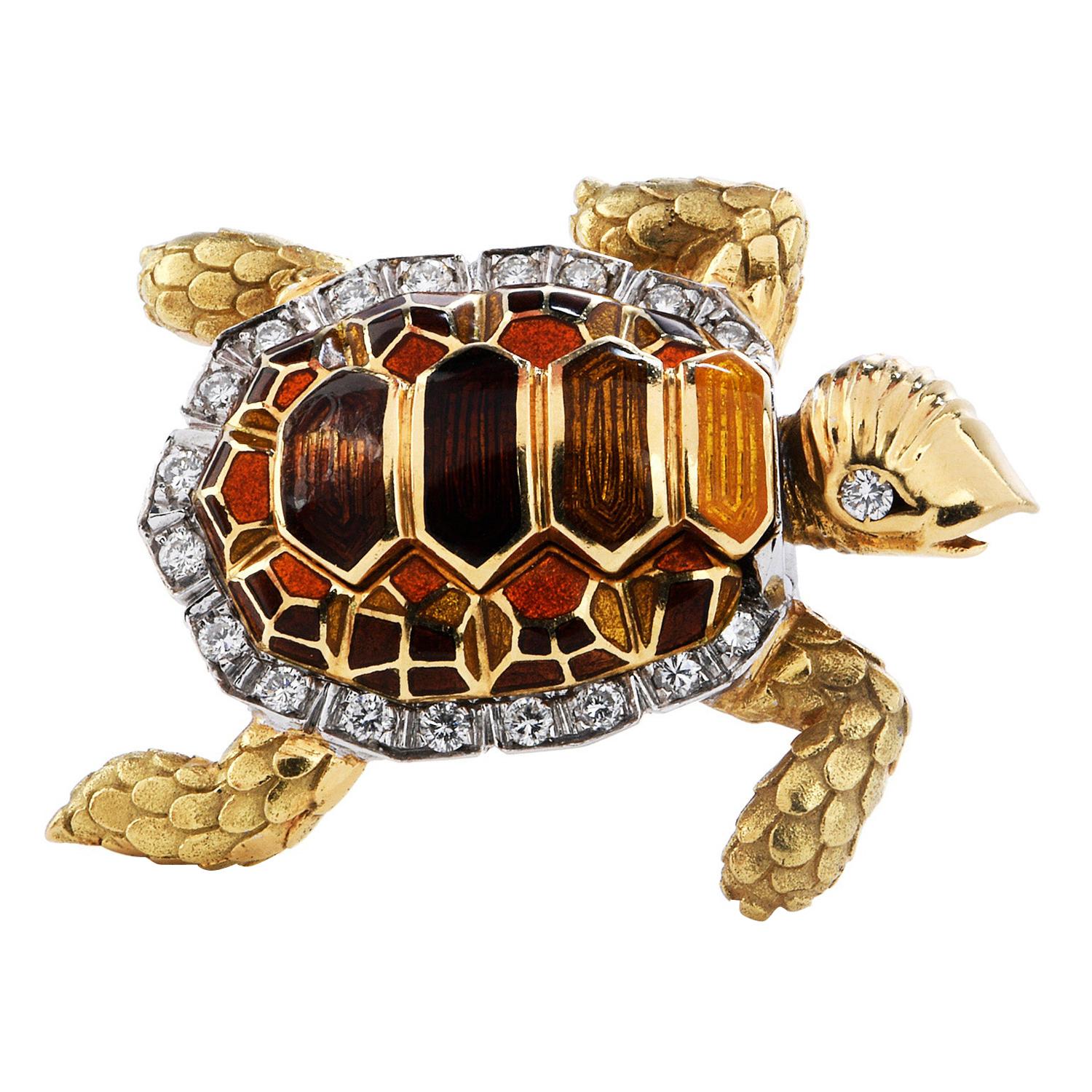 1980's Diamond Enamel 18k Gold Turtle Brooch Pin
