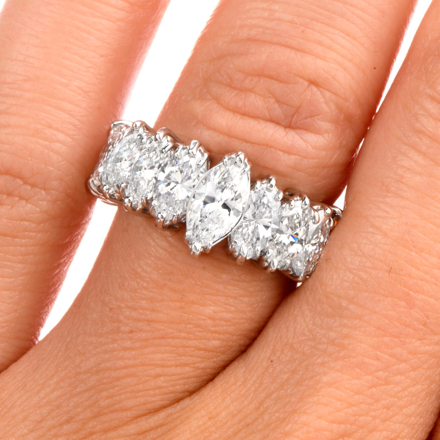 1980s Diamond Eternity Platinum Marquise Engagement Ring 2