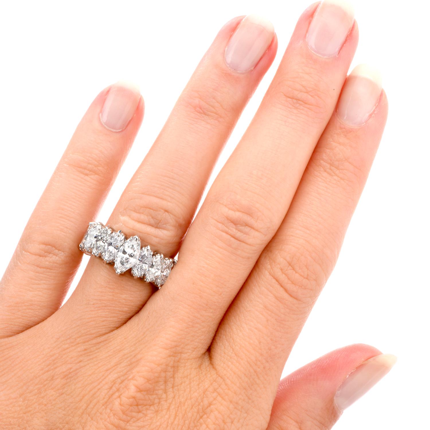 1980s Diamond Eternity Platinum Marquise Engagement Ring 3