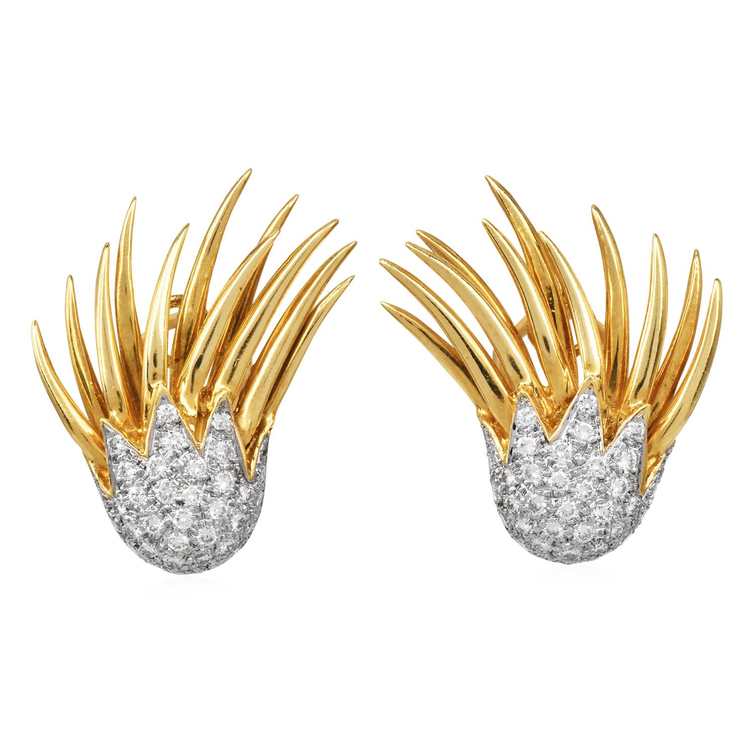 Moderno Orecchini a clip in oro 18 carati con diamante e fiamma del fuoco degli anni '80 in vendita