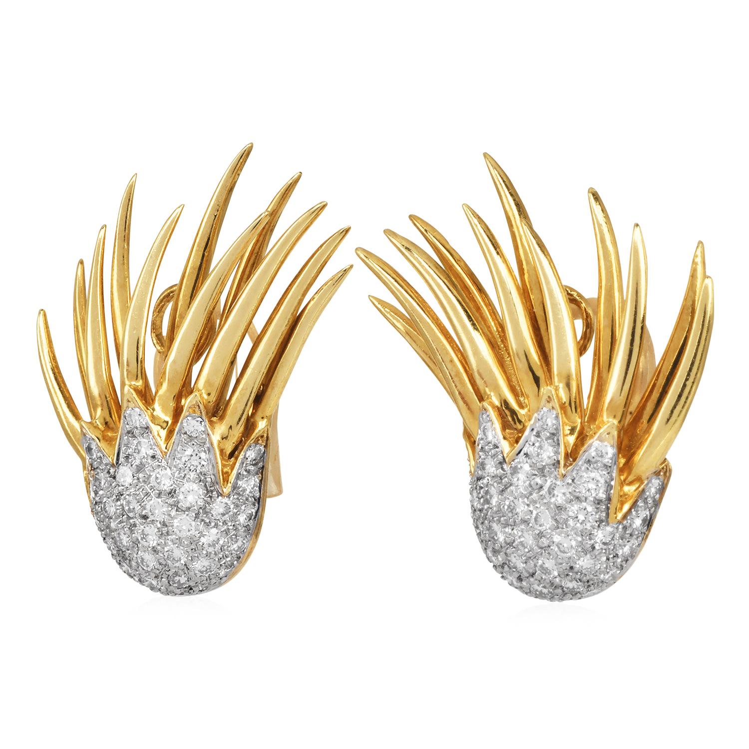 Orecchini a clip in oro 18 carati con diamante e fiamma del fuoco degli anni '80 In condizioni ottime in vendita a Miami, FL