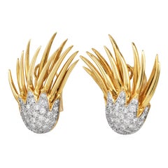 1980er Jahre Diamant Feuer Flamme 18K Gold Clip-On Ohrringe