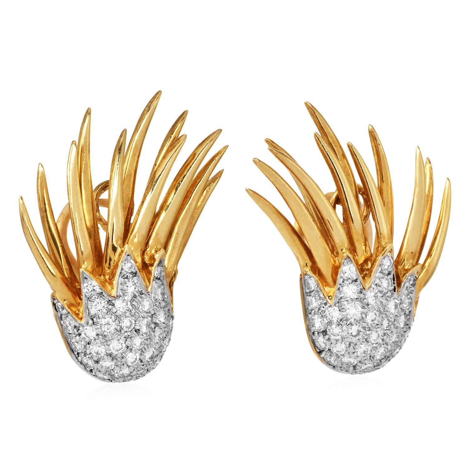Orecchini a clip in oro 18 carati con diamante e fiamma del fuoco degli anni '80 in vendita 1