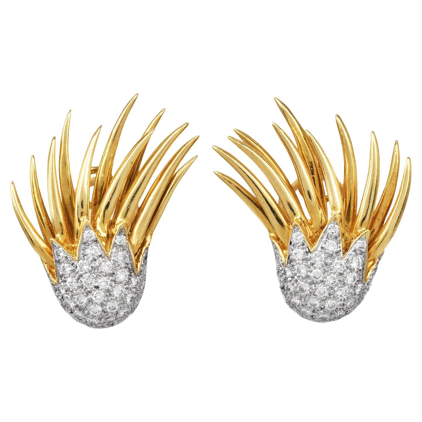 1980s Diamond Fire Flame 18K Gold Clip-On Earrings