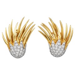Orecchini a clip in oro 18 carati con diamante e fiamma del fuoco degli anni '80