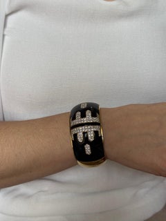 1980s Diamond Gold Black Enamel Bangle Bracelet