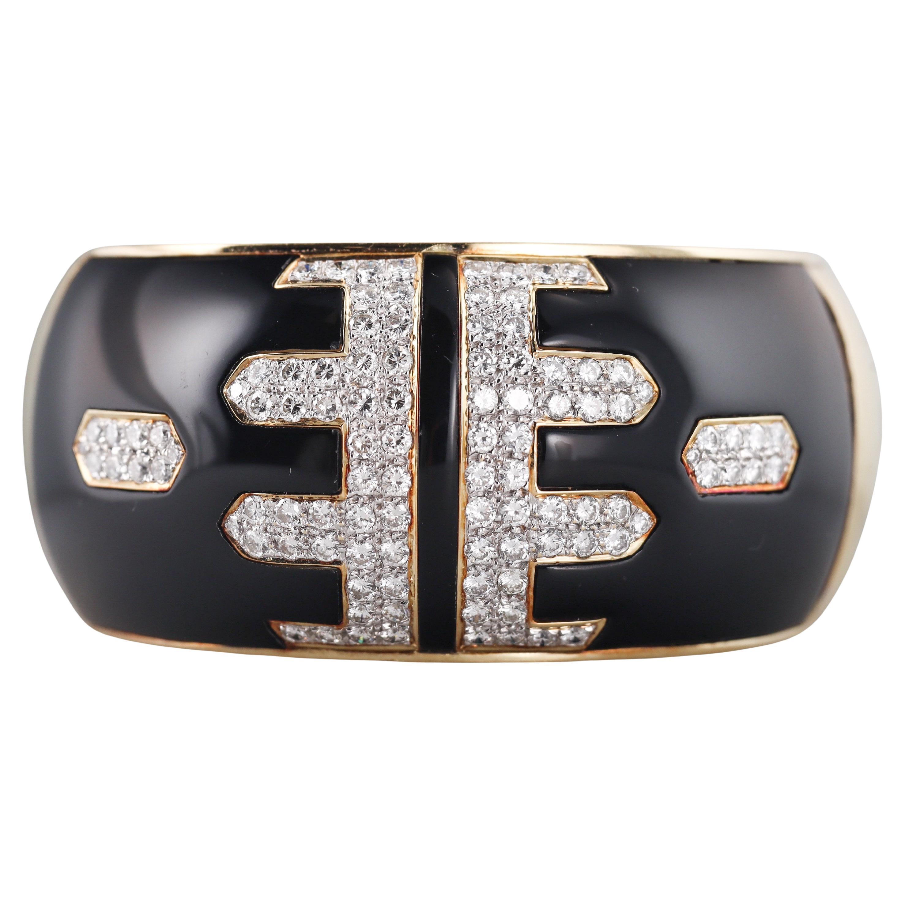 1980s Diamond Gold Black Enamel Bangle Bracelet