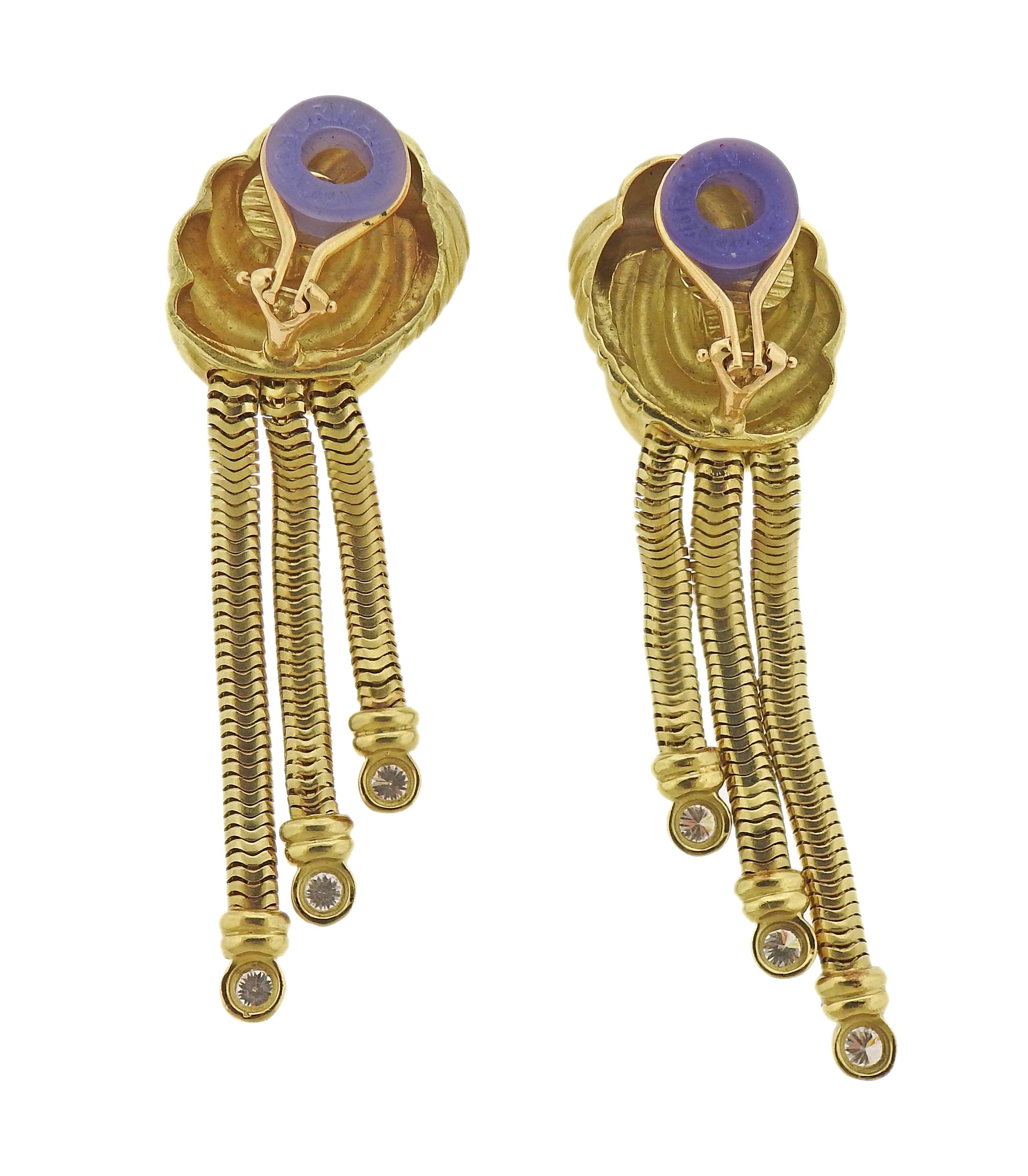 Pair of vintage, circa 1980s 18k gold tassel drop earrings, with approx. 0.40ctw in diamonds. Earrings measure 2.5