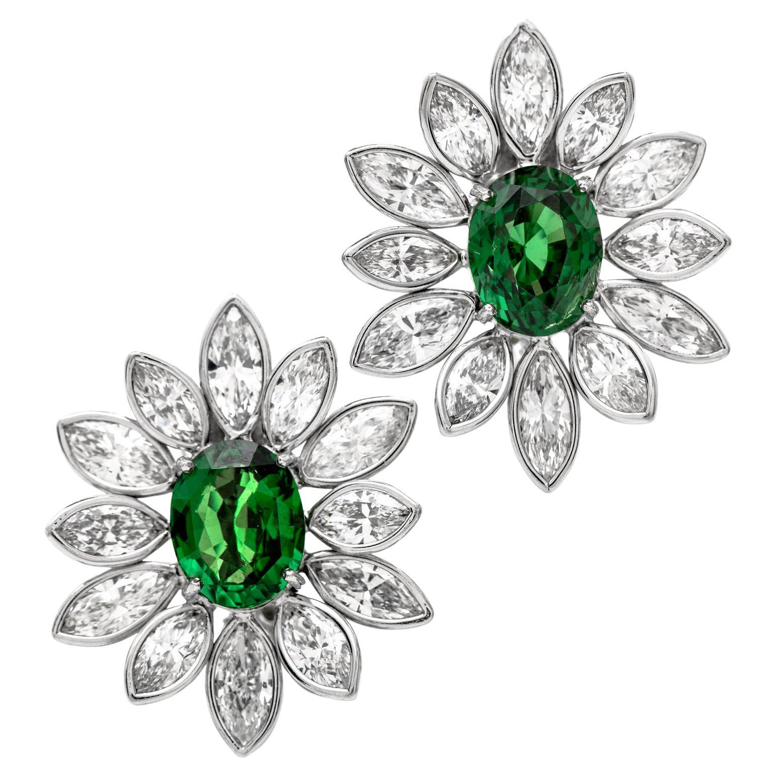 1980's Diamond Green GIA Tsavorite 18k Gold Flower Clip On Earrings