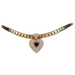 1980s Diamond Heart Blue Sapphire Pendant Heavy 18 Karat Gold Link Necklace