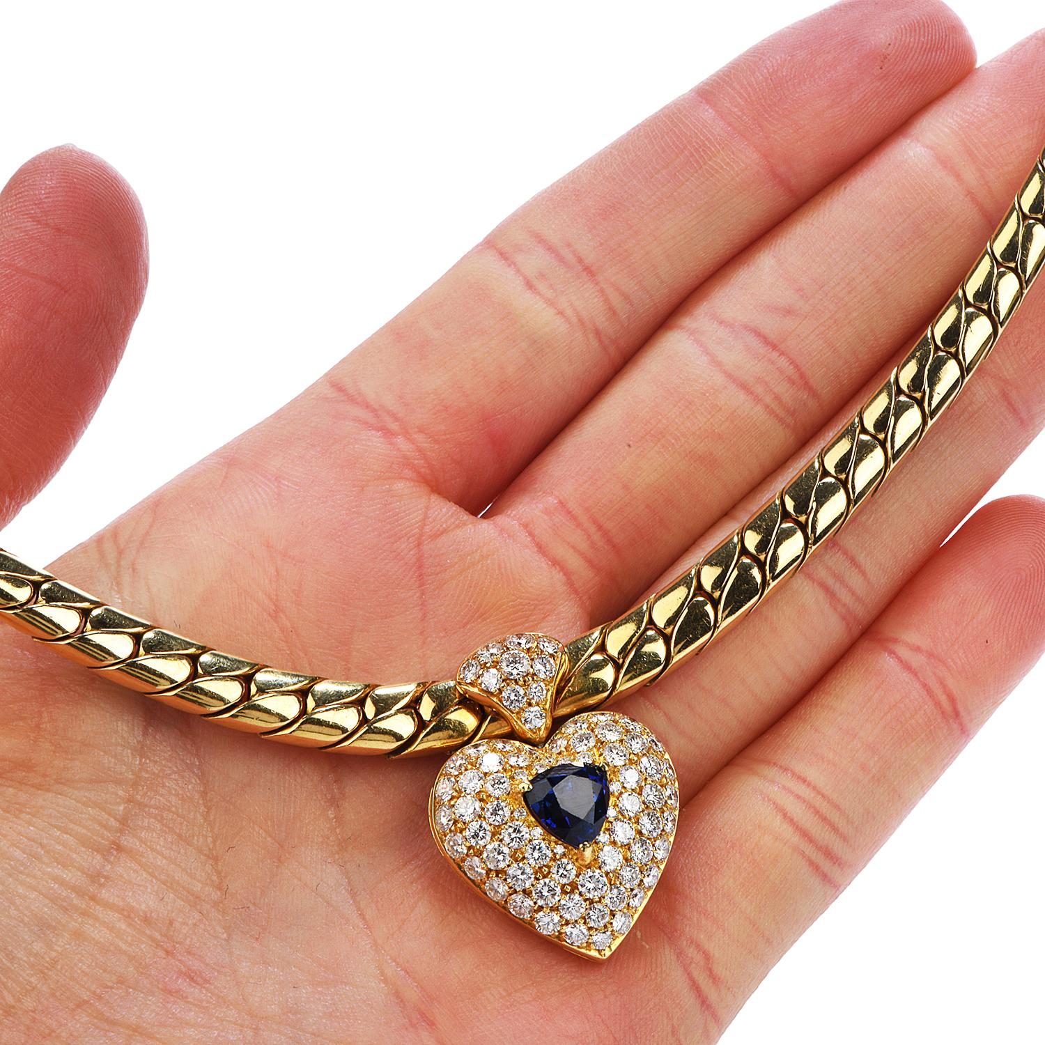 Modern 1980s Diamond Heart Blue Sapphire Pendant Heavy 18 Karat Gold Link Necklace