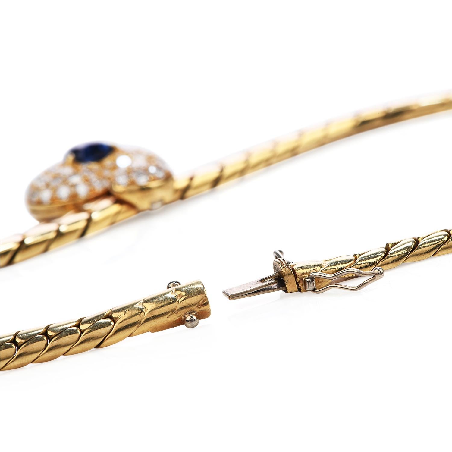 Heart Cut 1980s Diamond Heart Blue Sapphire Pendant Heavy 18 Karat Gold Link Necklace