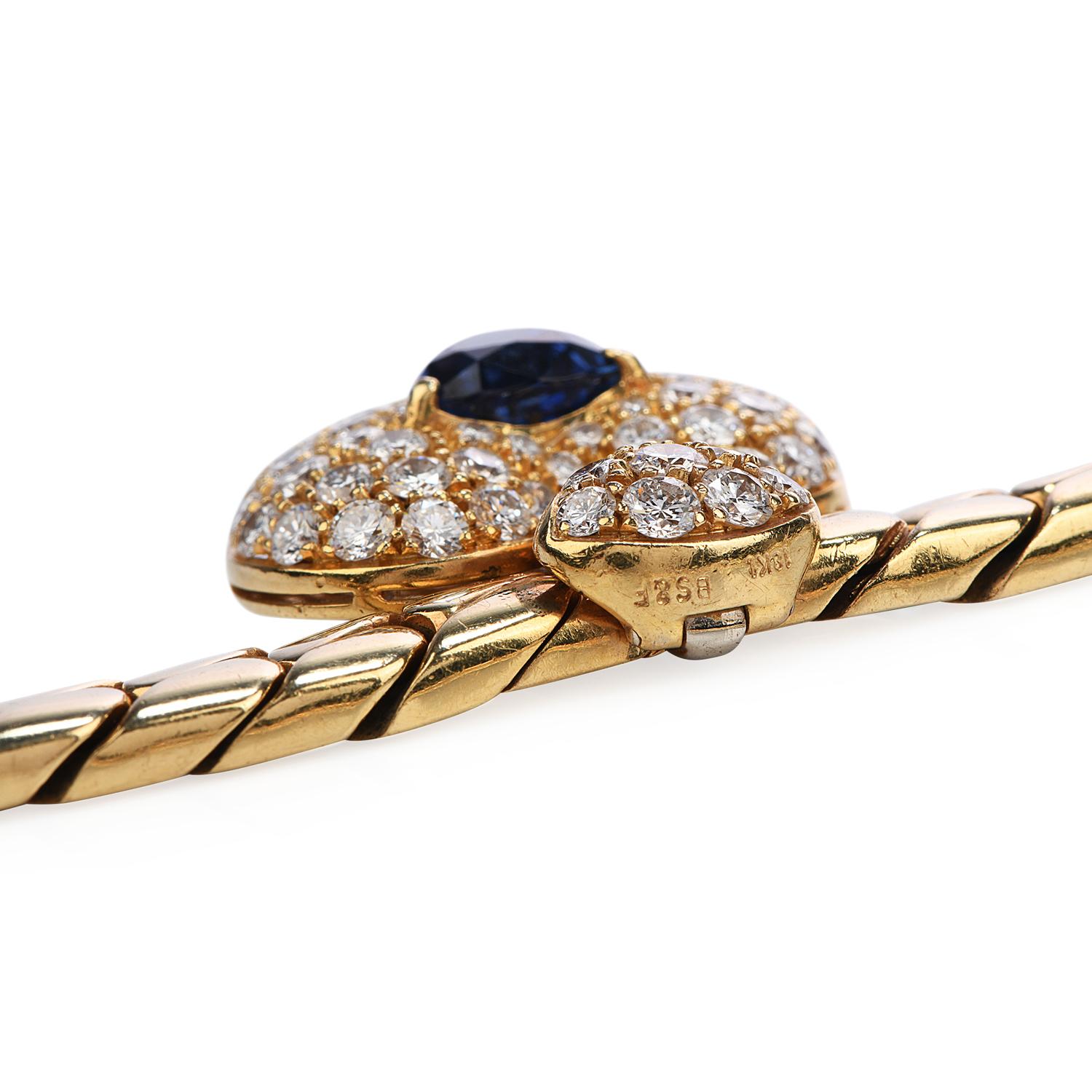 Women's 1980s Diamond Heart Blue Sapphire Pendant Heavy 18 Karat Gold Link Necklace