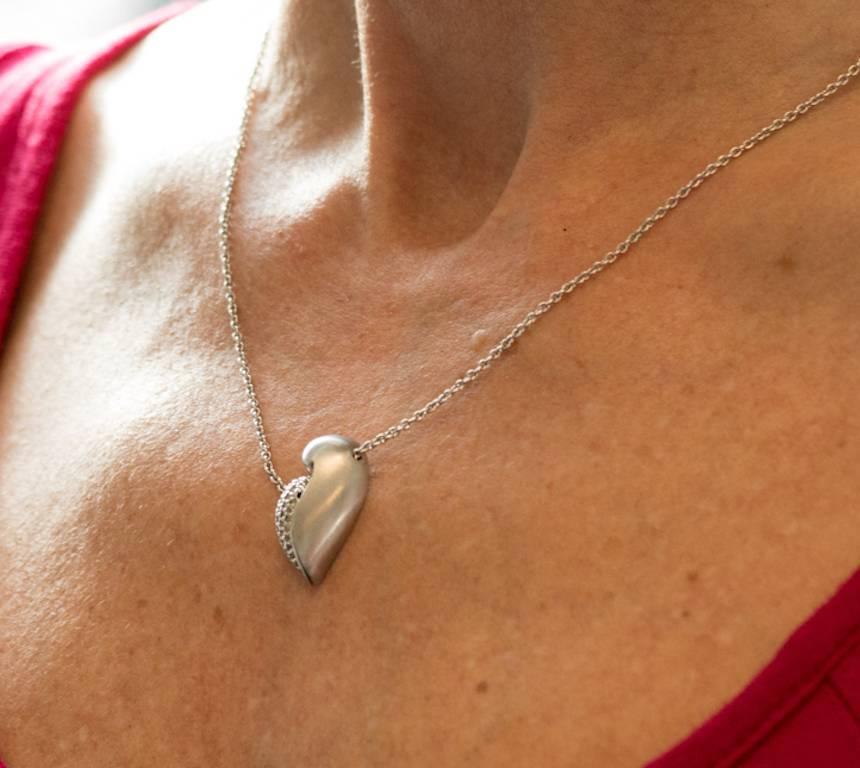 Modern 1980s Diamond Heart Necklace in Sterling Silver and White Gold