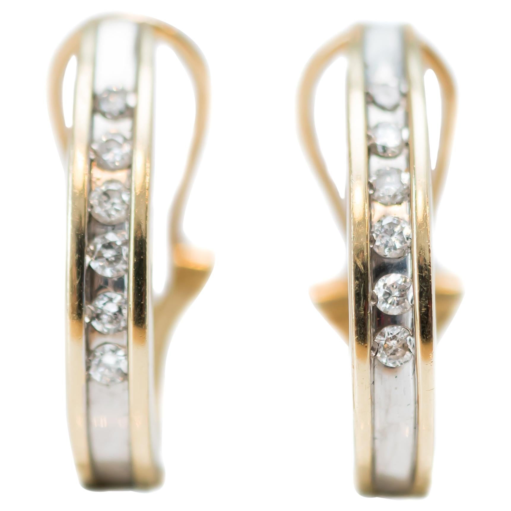 1980s Diamond Hoop Two-Tone 14 Karat Gold Earrings