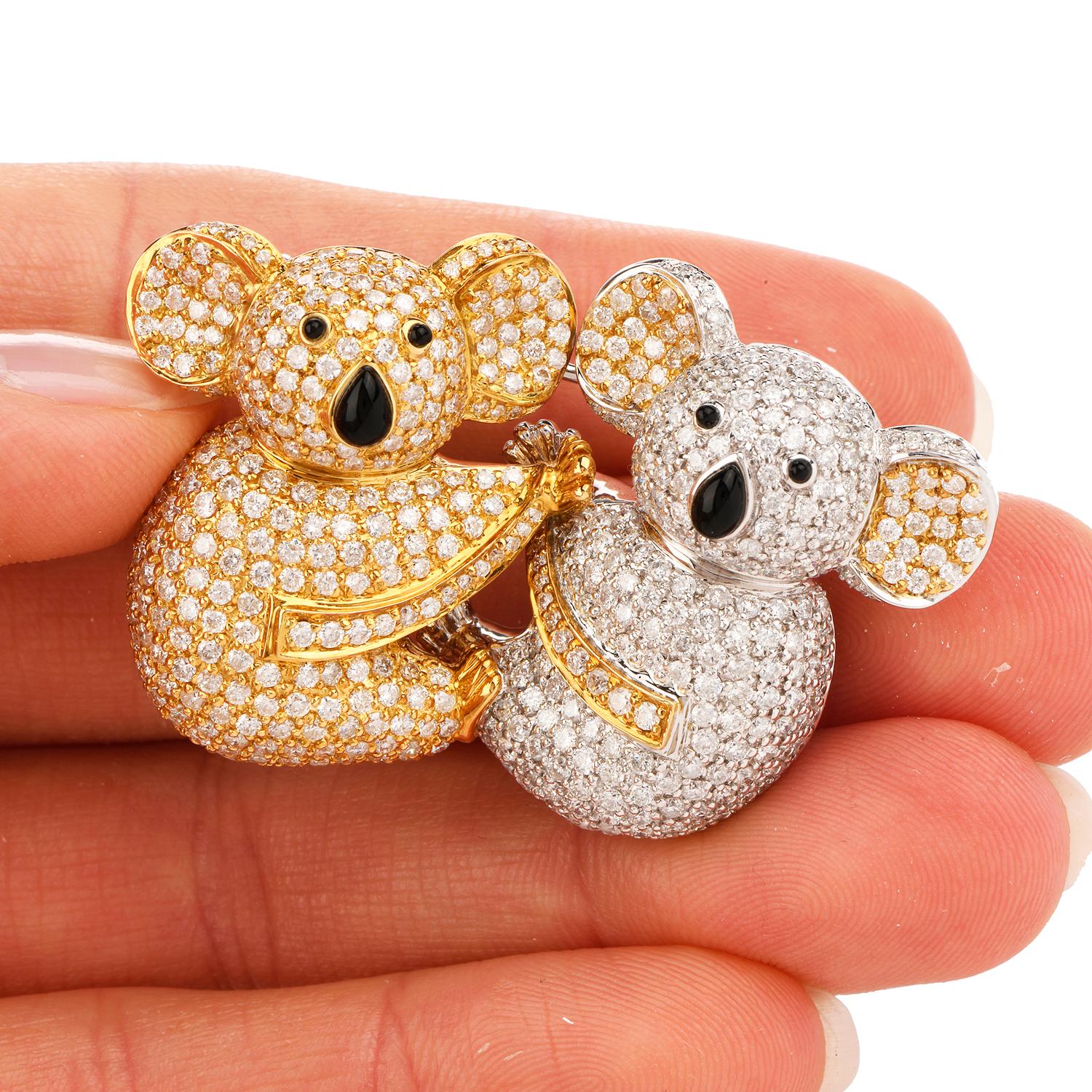 1980s Diamond Koala Bears 18 Karat Gold Pin Brooch In Excellent Condition In Miami, FL