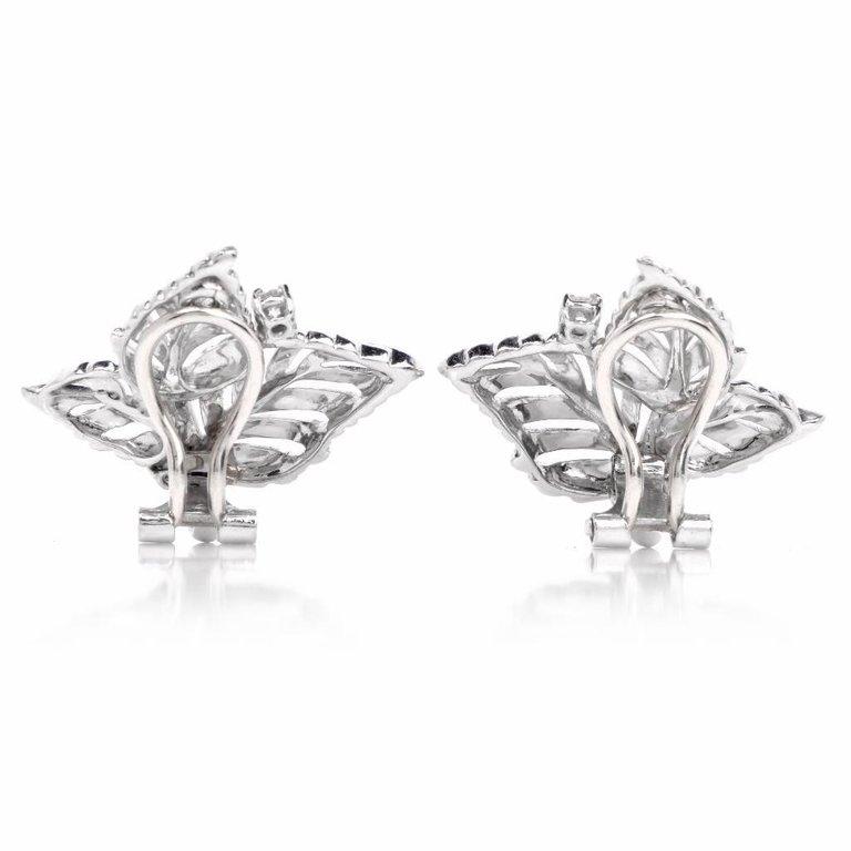 Women's or Men's 1980s Diamond Monstera Leaf Platinum Clip-On Stud Earrings