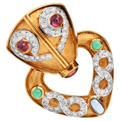 1980s Diamond Multi Gemstone 18K Gold Doorknocker Clip-On Statement Earrings