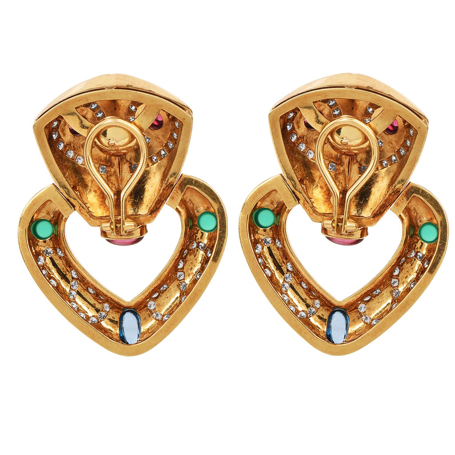 Round Cut 1980s Diamond Multi Gemstone 18K Gold Doorknocker Clip-On Statement Earrings For Sale
