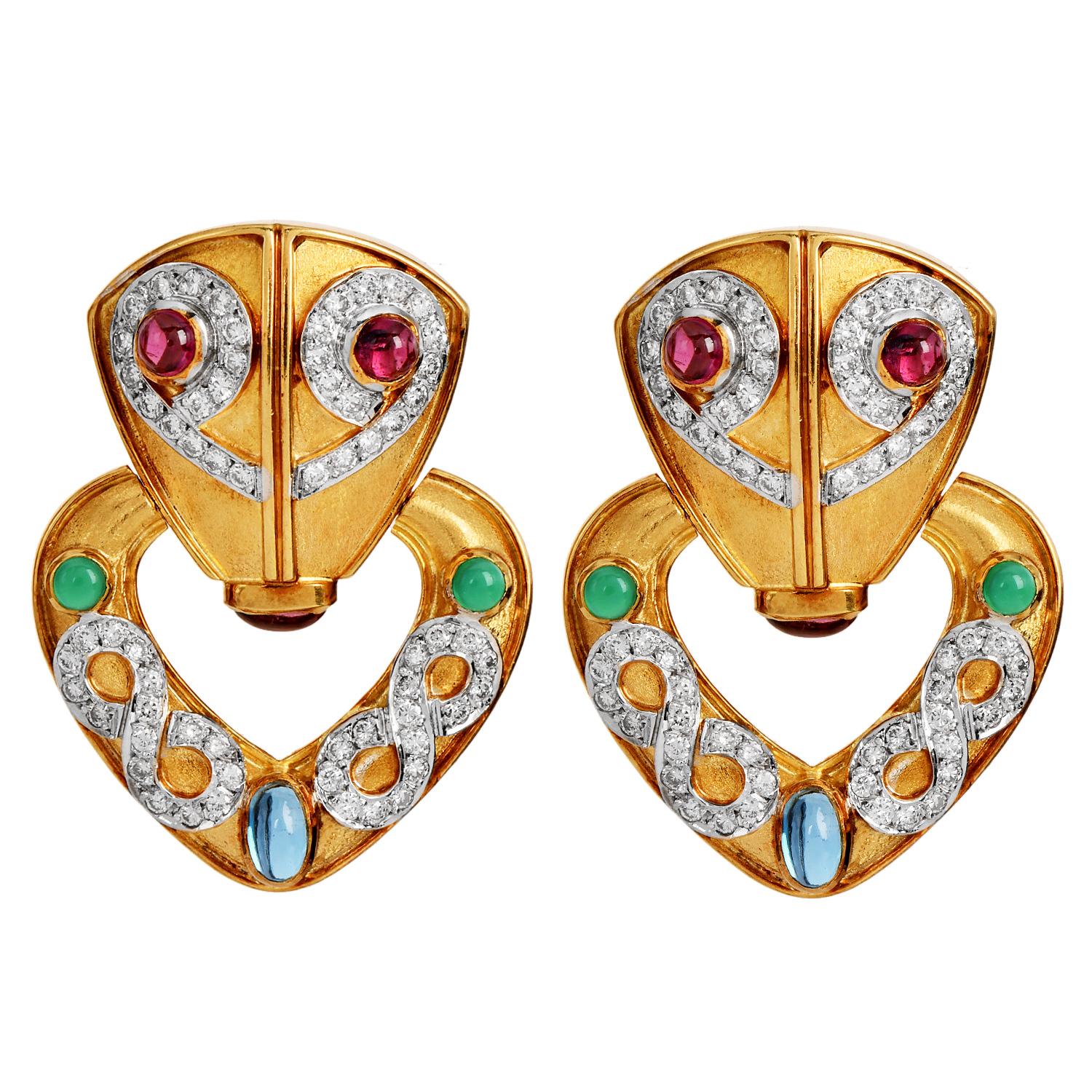 Women's 1980s Diamond Multi Gemstone 18K Gold Doorknocker Clip-On Statement Earrings For Sale