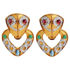 Vintage 1980s Diamond Multi Gemstone 18K Gold Doorknocker Clip-On Statement Earrings