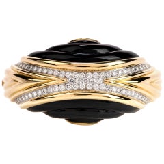 1980s Diamond Onyx 18 Karat Gold Large Wide Bangle Bracelet