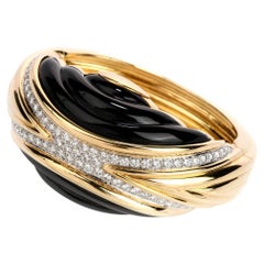 1980s Diamond Onyx 18 Karat Gold Large Wide Bangle Bracelet