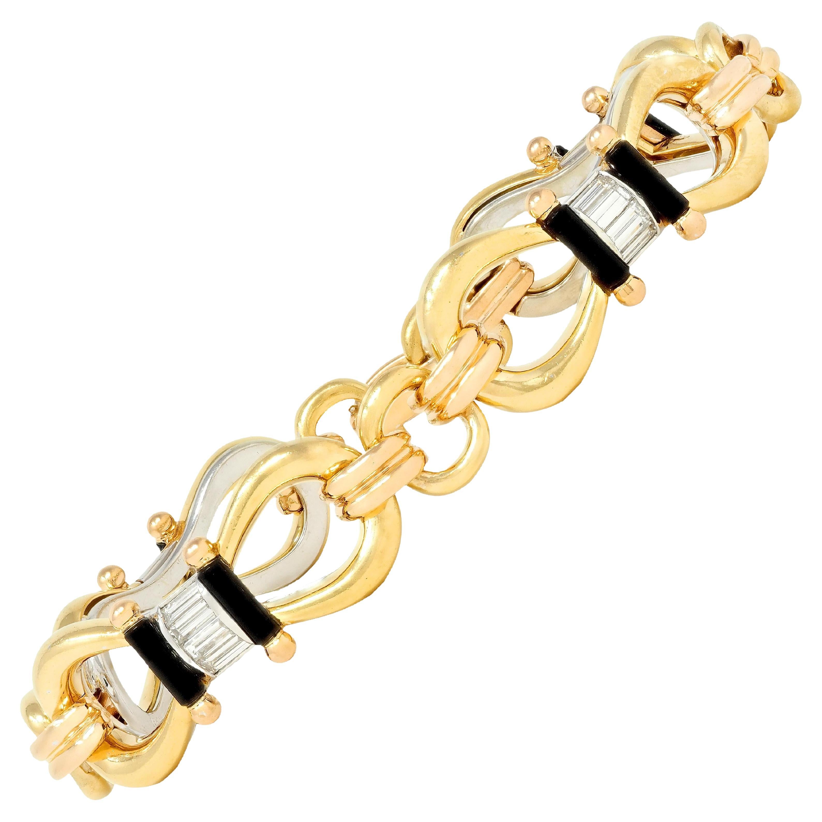 1980
s Diamond Onyx 18 Karat Tri-Colored Gold Vintage Horsebit Bracelet
