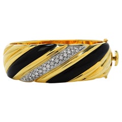 1980S Diamond Onyx 18K Yellow Gold Wide Striped Bangle Bracelet